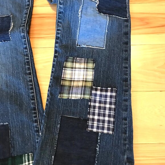 Flannel Patchwork Jeans, 8: Upcycled Flared Grunge Hippie Jeans, Funky Pants - Picture 8 of 15